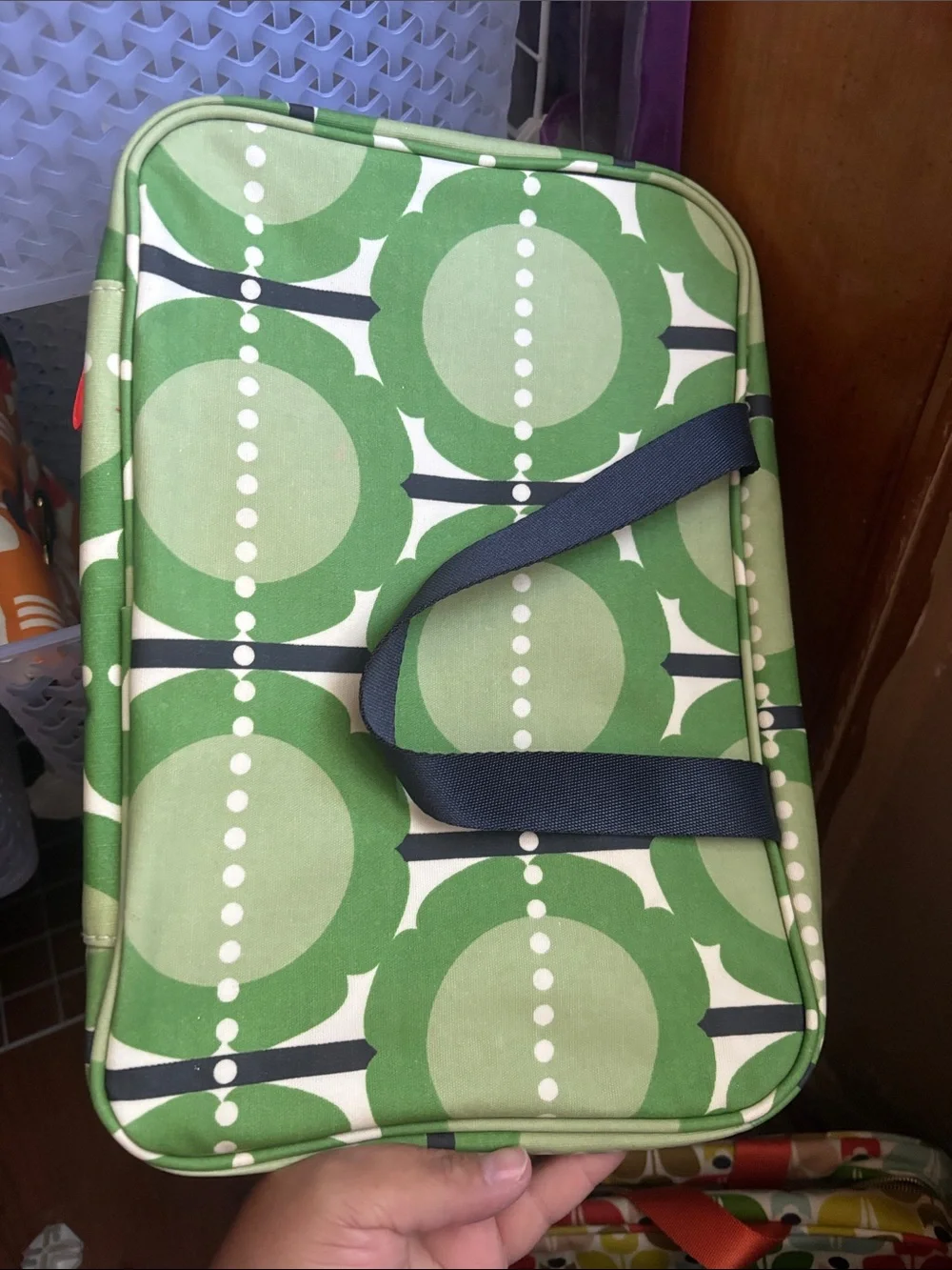 Orla Kiely Green Graphic Print Cosmetic Travel Case with Navy Accents